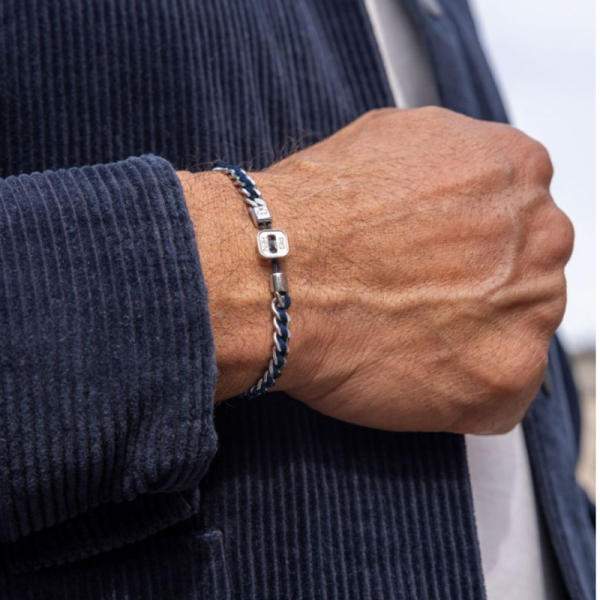 Pig& Hen, bracelet Catena Curb, navy-silver, braided nylon, closure button, front, navy | silver, style